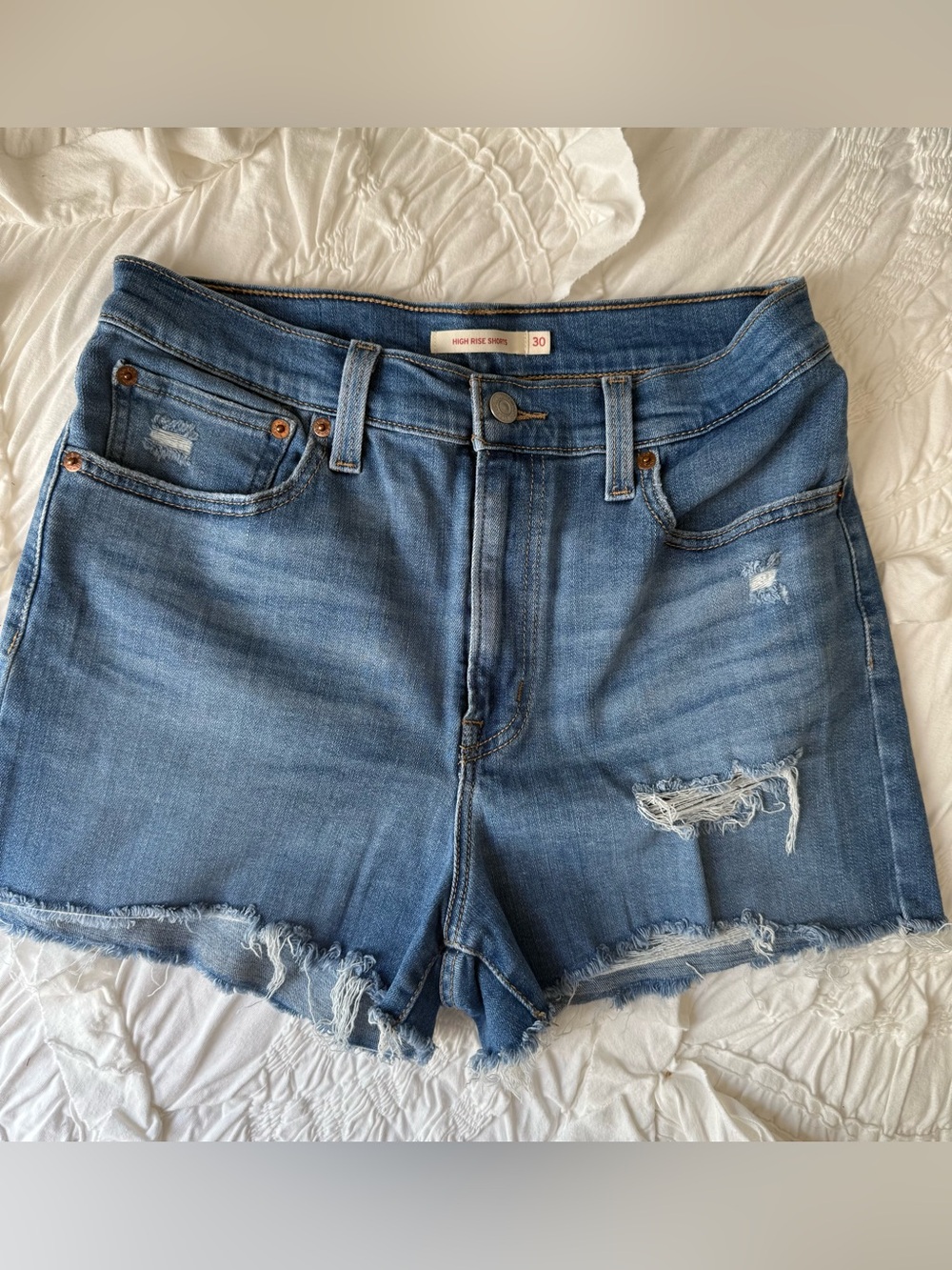 Levi's Medium Blue Distressed High-Rise Jean Shorts